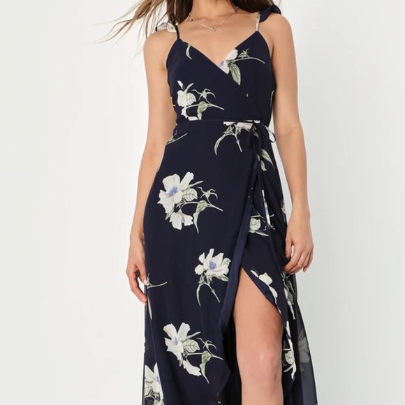 Lulus Wrap Dress - Floral Navy Blue - Picture 4 of 6